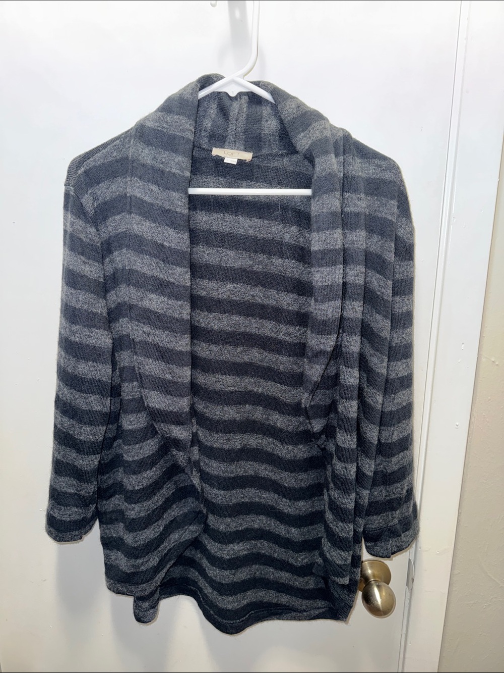 LOFT Dark Gray and Light Gray Striped Open Cardigan